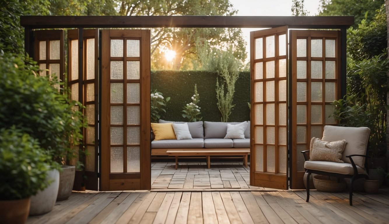 A backyard patio with a privacy screen made from recycled materials, such as old doors or windows, creating a unique and sustainable outdoor space