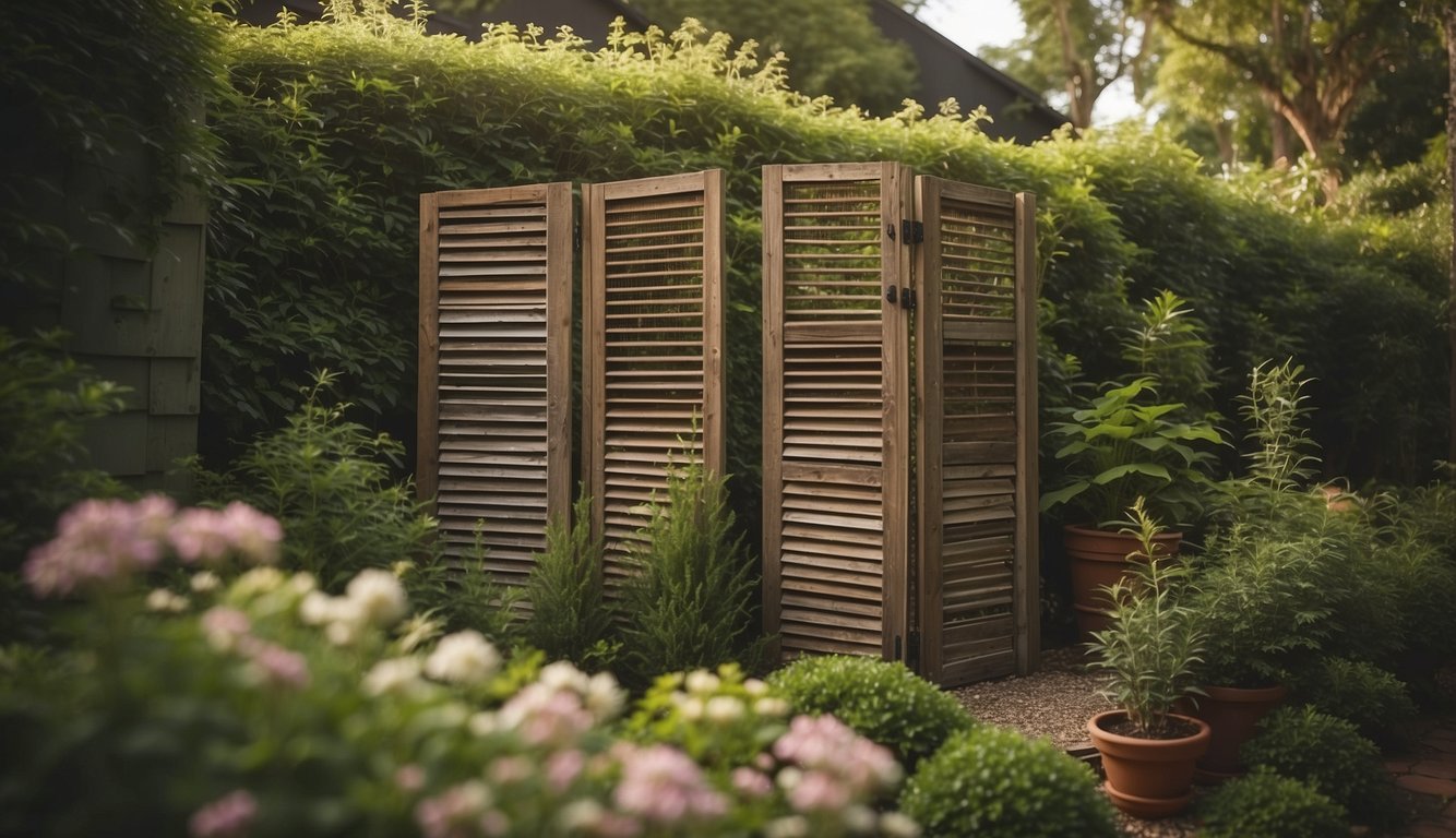A backyard with a recycled privacy screen made of old shutters and reclaimed wood, surrounded by lush landscaping for added privacy