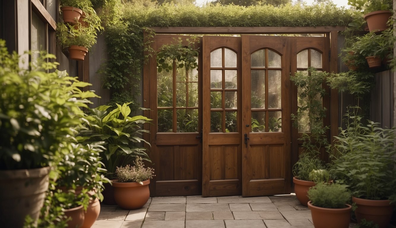 A stack of old wooden doors and windows repurposed into a privacy screen, surrounded by potted plants and outdoor furniture