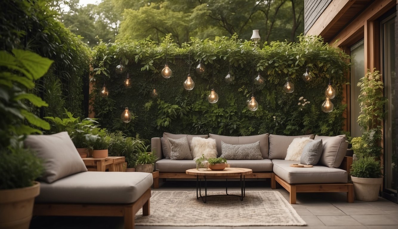 A cozy outdoor patio with a recycled privacy screen made of repurposed materials, surrounded by lush greenery and comfortable seating