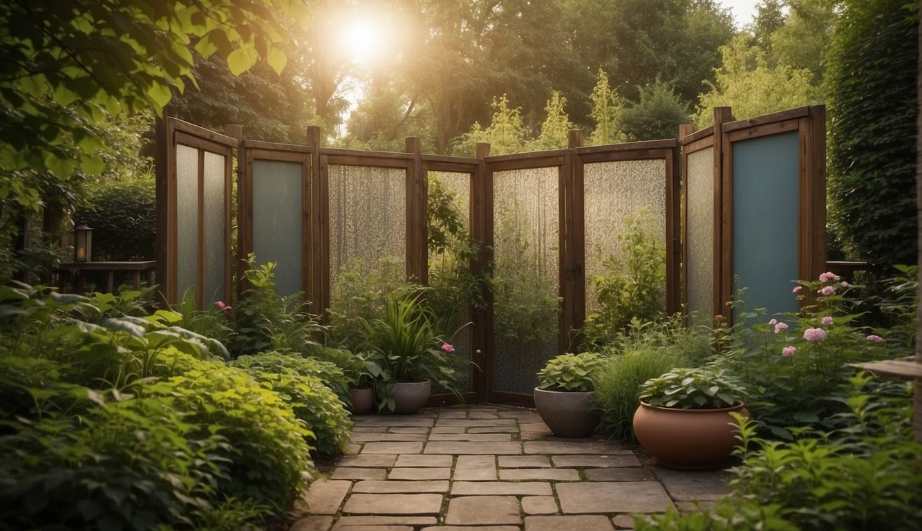 A privacy screen made from recycled materials, such as old doors and windows, stands in a lush garden. The screen provides both functionality and beauty, creating a sense of privacy and tranquility in the outdoor space