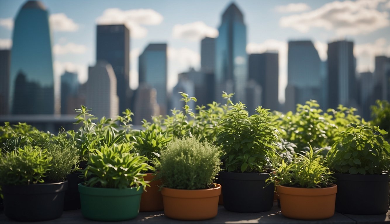Lush green plants thrive in rooftop garden containers, surrounded by city skyline and urban buildings