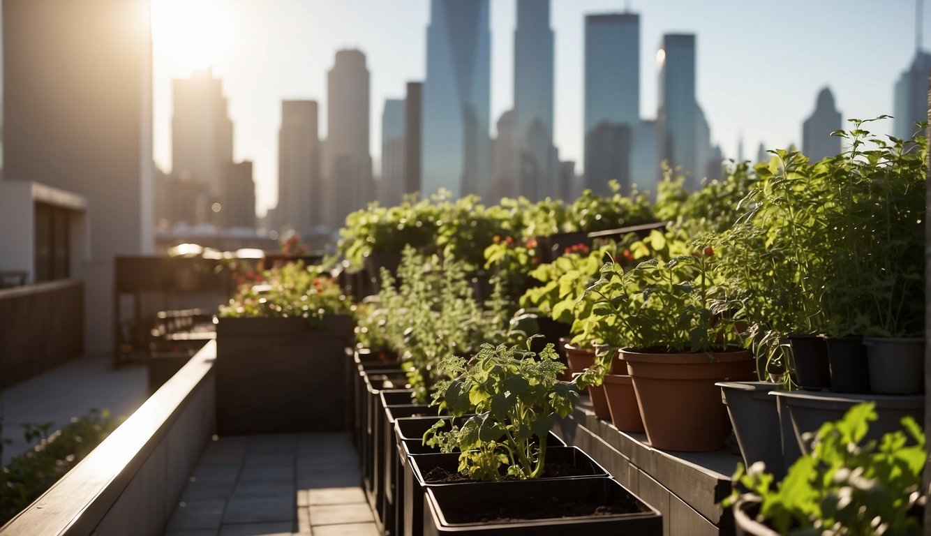 A rooftop garden with raised beds, filled with lush green plants and vegetables. A small compost bin and watering cans are nearby. The sun is shining, and the city skyline is visible in the background