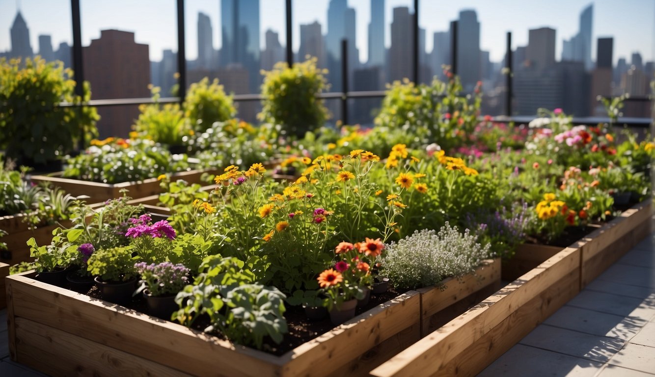 A rooftop garden with raised beds, trellises, and hanging planters. Lush greenery and colorful flowers fill the space, with a backdrop of city buildings and a clear blue sky