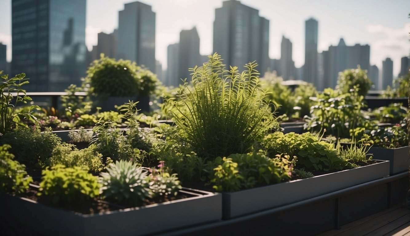 Lush green rooftop gardens on eco apartments. Plants thrive, purify air, and reduce urban heat. A sustainable oasis in the city