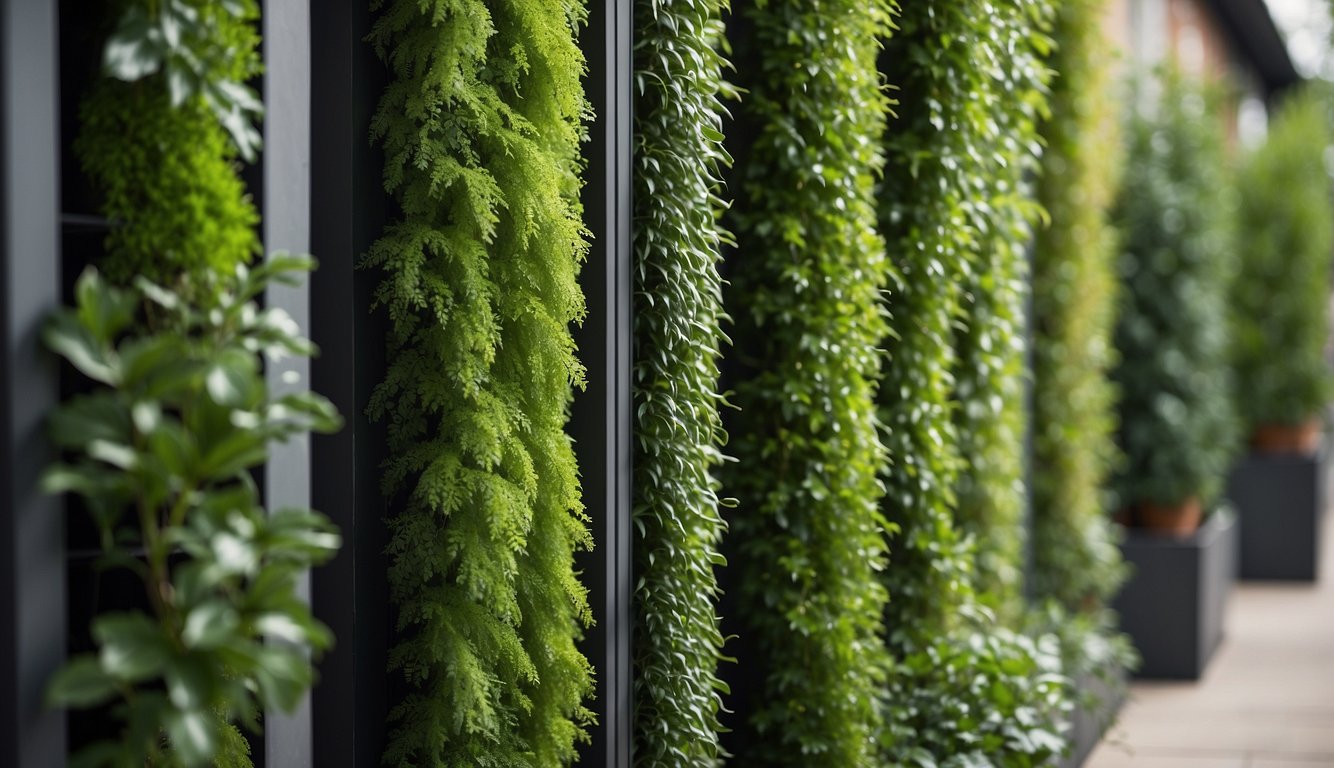 Vibrant greenery cascades from vertical planters, showcasing a variety of carefully selected plants. The materials used, such as weather-resistant fabric and sturdy metal frames, ensure longevity and easy maintenance