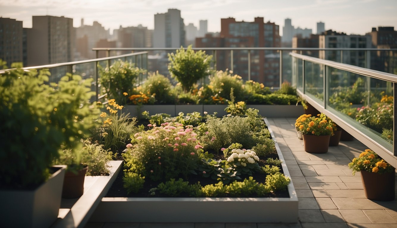 Lush greenery covers the rooftop of the eco apartment building, with vibrant flowers, small trees, and winding pathways creating a peaceful and sustainable urban oasis