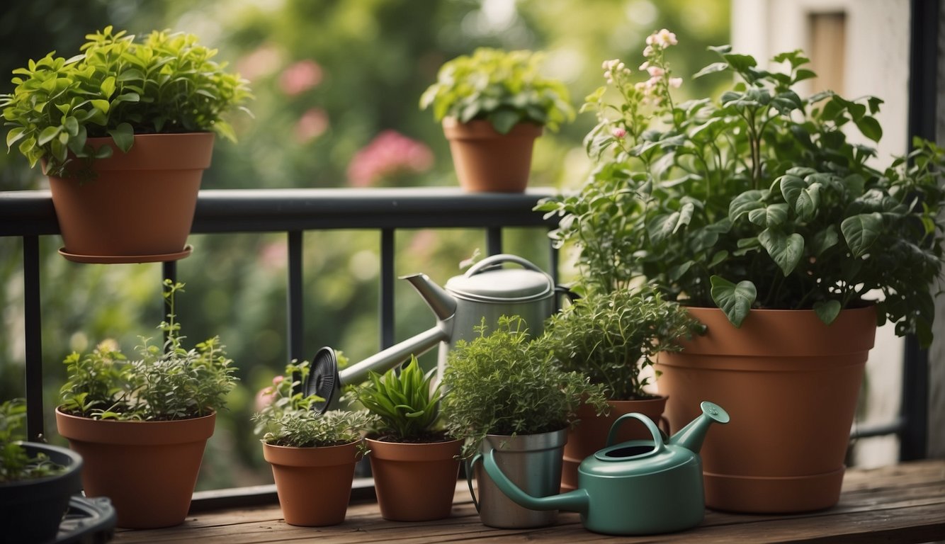 A lush balcony garden with various potted plants, hanging baskets, and a small compost bin. A watering can and gardening tools are neatly arranged nearby