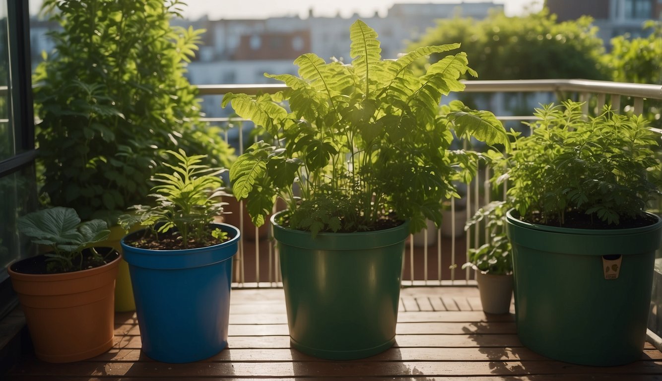 Lush green plants thrive in recycled containers on a sunny balcony, with a small compost bin and rainwater collection system nearby