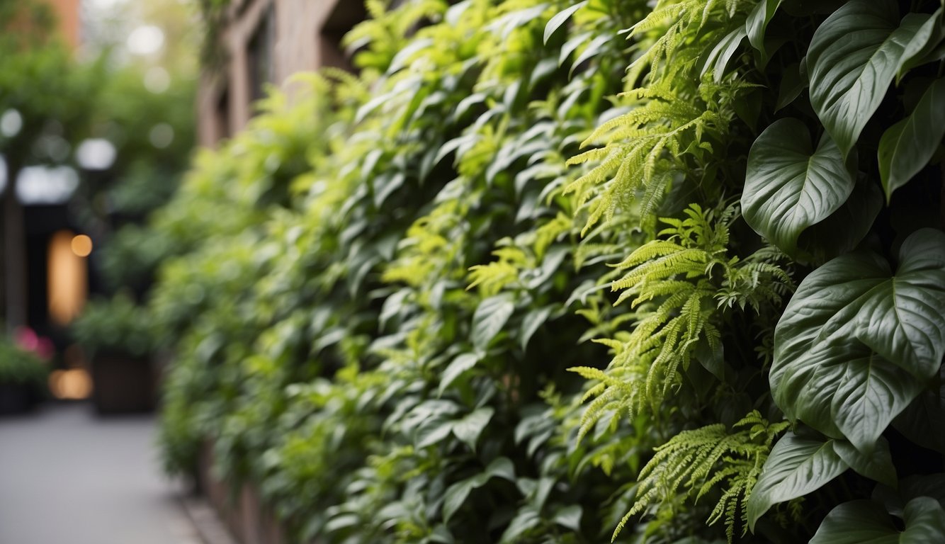 Lush green plants cascade down a vibrant wall, showcasing a variety of species thriving in a vertical garden