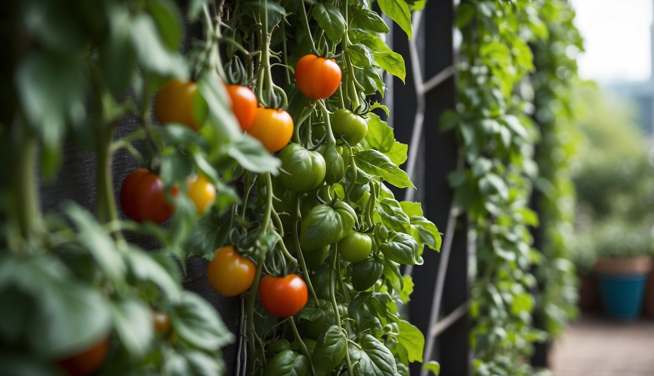Lush green plants climb up the trellis, showcasing various edible varieties like tomatoes, peppers, and herbs in a thriving vertical garden