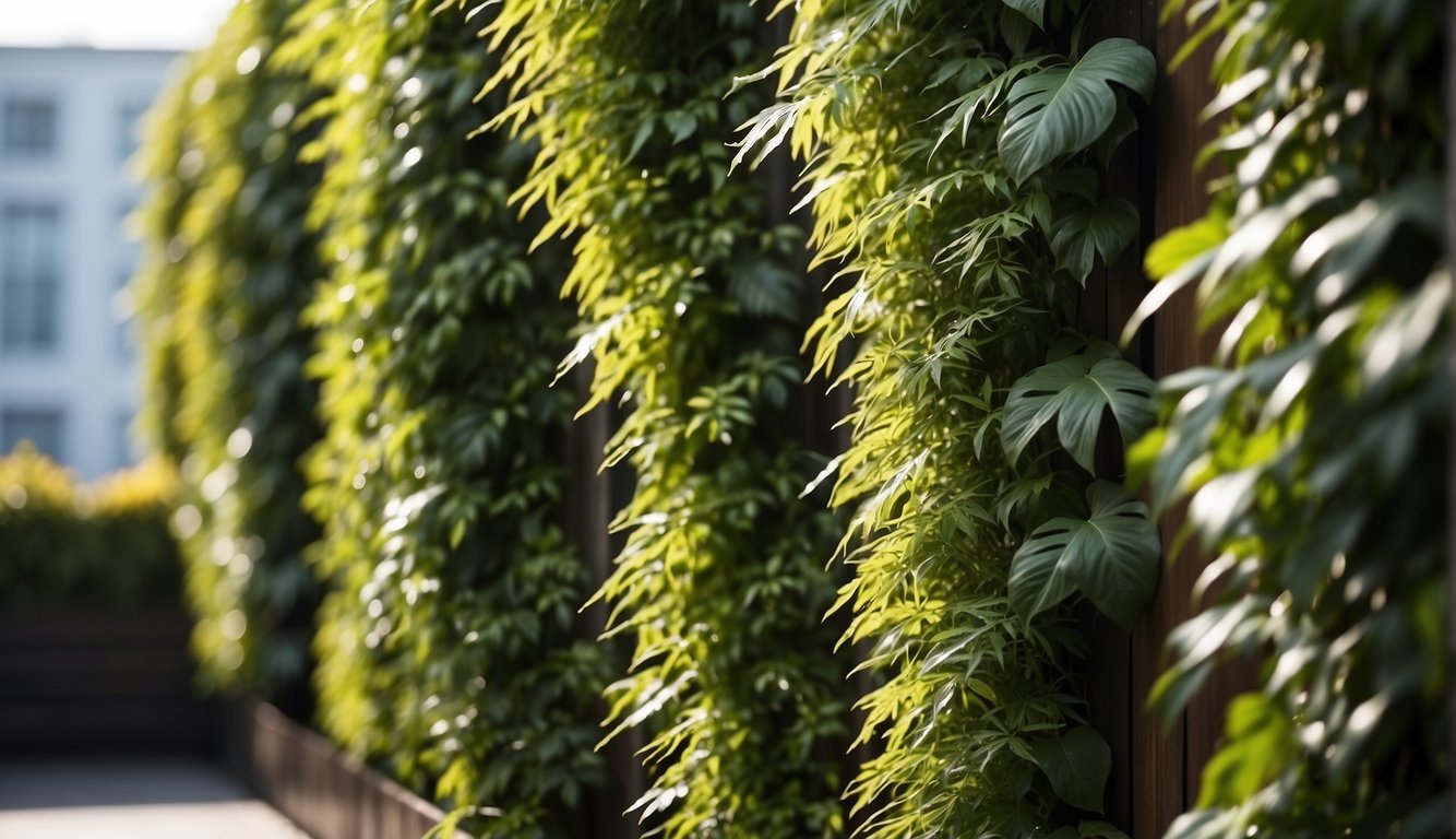 Lush greenery cascades down from vertical planters, made of wood, metal, and fabric, creating a vibrant and natural wall of foliage