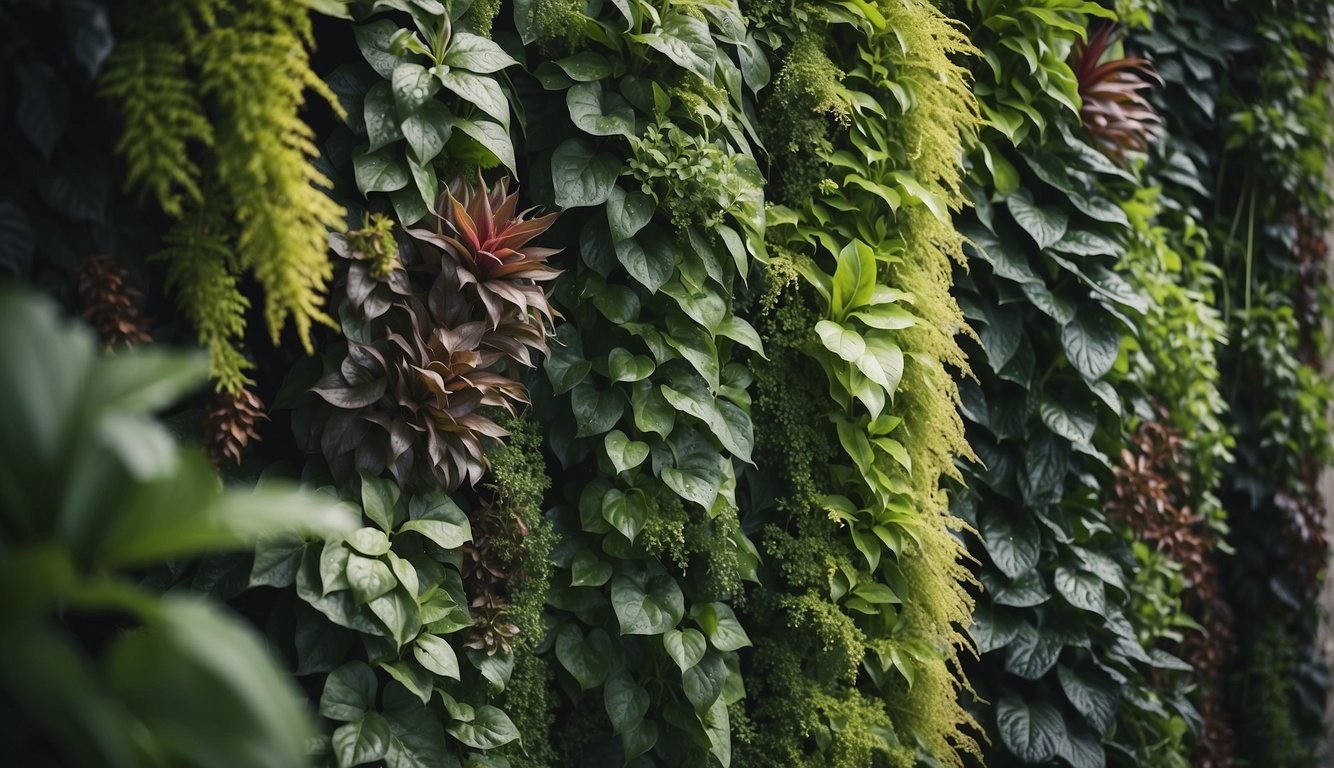A variety of plants cascade down a vertical garden, showcasing a range of colors, textures, and shapes