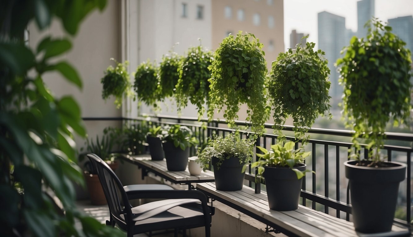 Lush green plants cascade from hanging pots on a modern urban balcony. A small table and chairs sit among the greenery, creating a peaceful oasis in the midst of the city