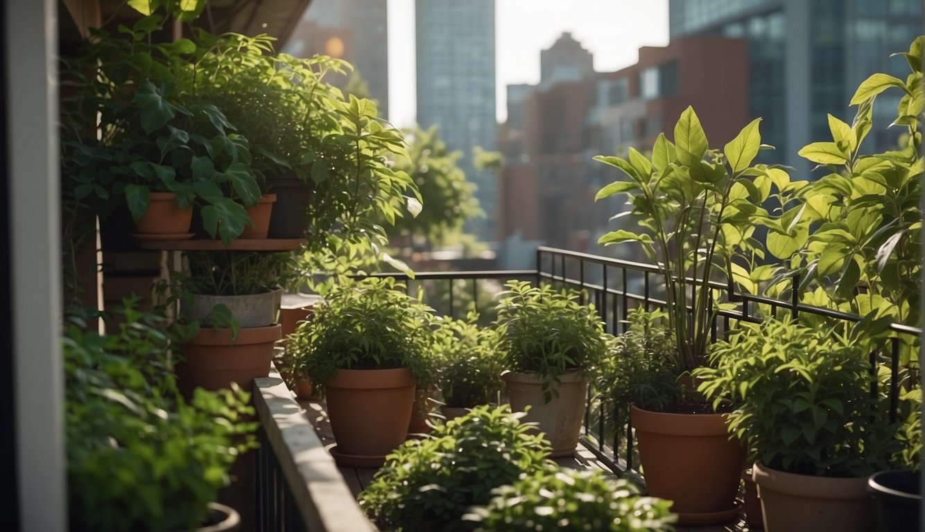A lush balcony garden with potted plants, hanging vines, and a small water feature, surrounded by modern urban buildings