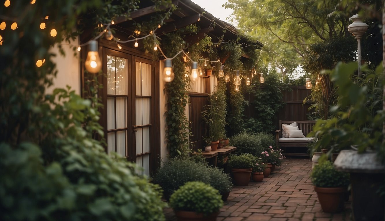 A cozy backyard with a wooden fence adorned with climbing vines and hanging lanterns, surrounded by lush greenery and potted plants