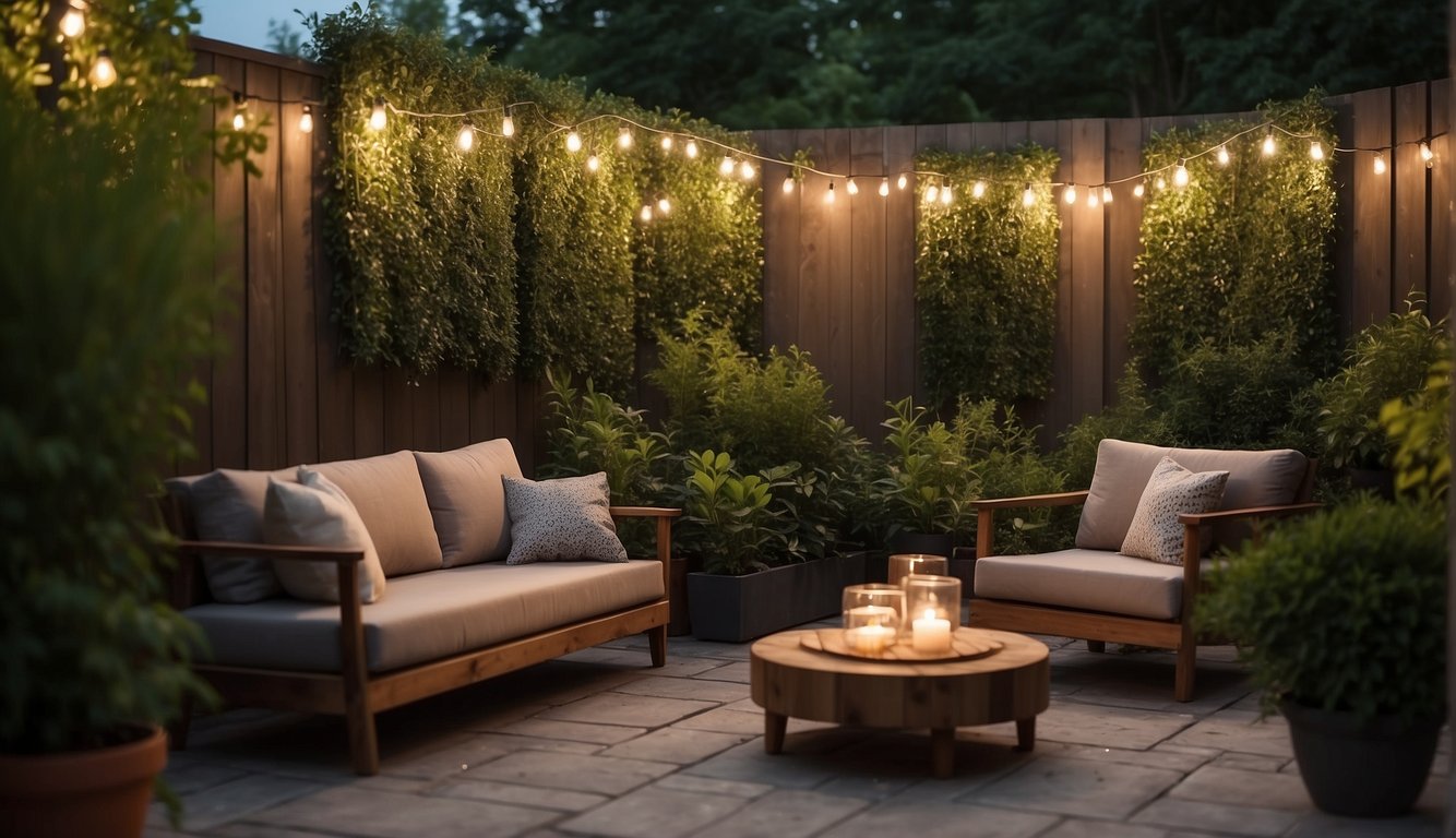 A backyard with tall, lush hedges surrounding a cozy seating area. Solar-powered string lights and recycled wood screens add a touch of sustainable charm to the outdoor space