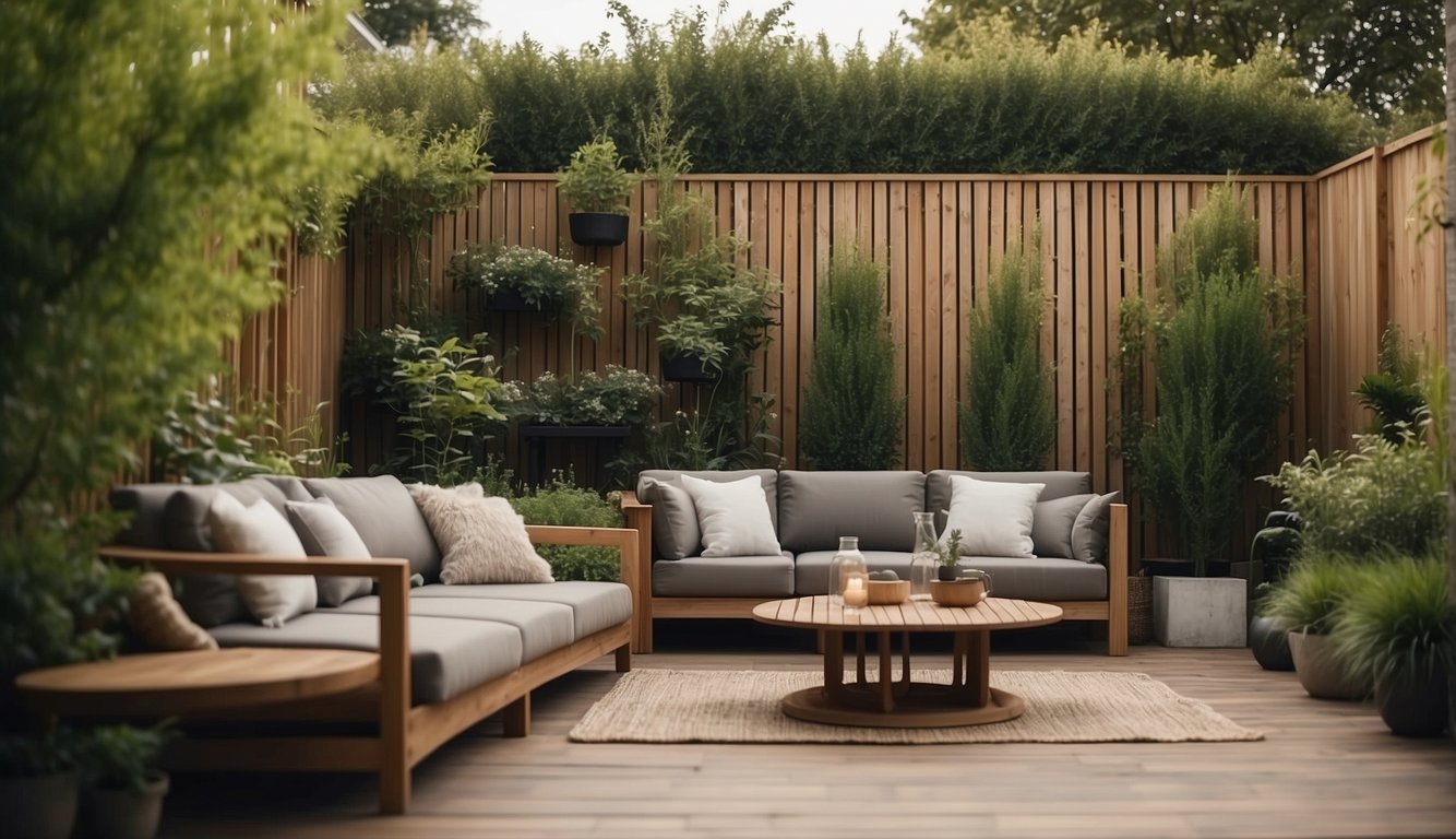 A backyard with eco-friendly furniture, made from sustainable materials, surrounded by decorative privacy screens