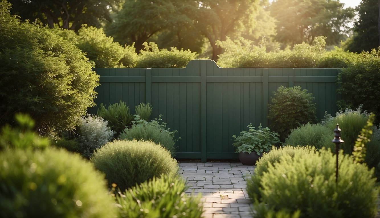 A serene outdoor space with a tall, green privacy fence surrounded by lush, sustainable decor