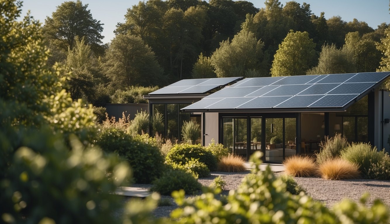 A modern outdoor space with solar panels, wind turbines, and greenery providing privacy