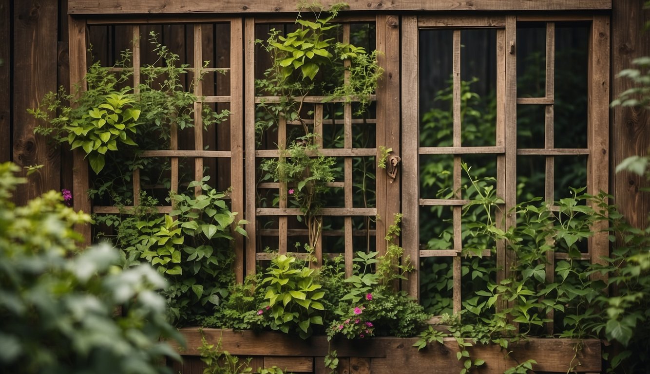 A wooden lattice adorned with climbing plants, surrounded by repurposed materials like old windows and doors, creating a sustainable and eco-conscious outdoor privacy decor