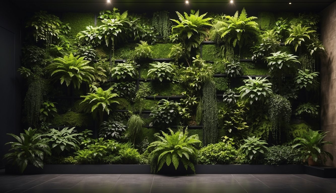 Lush greenery cascades down a vertical wall, held in place by a variety of materials like metal grids, fabric pockets, and wooden frames
