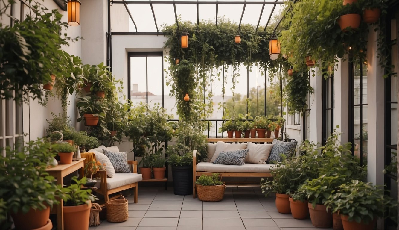 A small balcony with potted plants, hanging lanterns, and cozy seating. A trellis with climbing vines adds a touch of greenery
