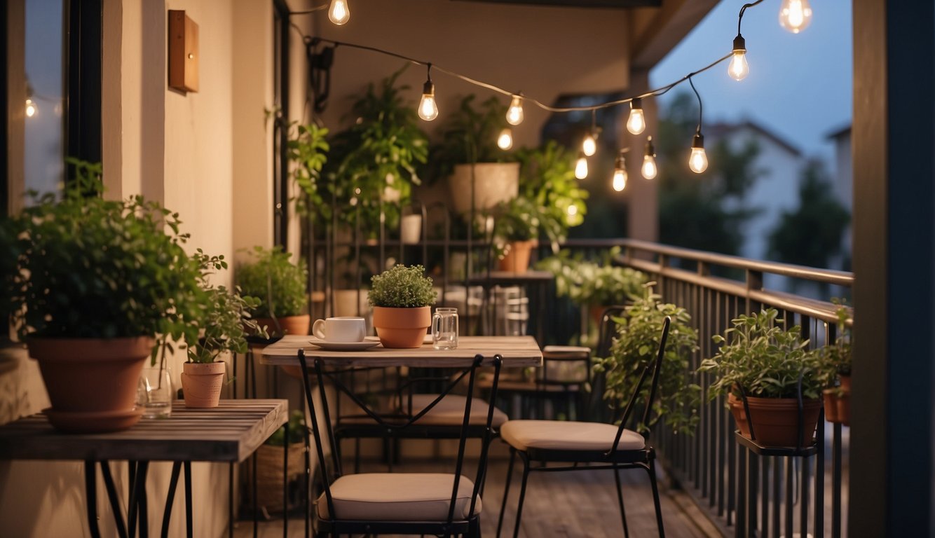 A balcony with potted plants, hanging baskets, and decorative lights. A small table and chairs for outdoor dining. A cozy and inviting space for relaxation and enjoyment