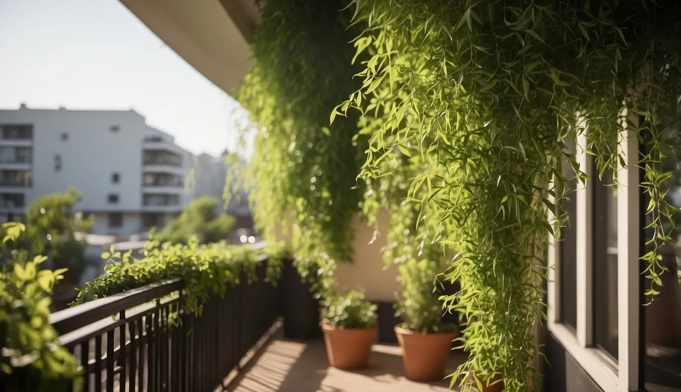 Lush vines and bamboo create a natural screen on the balcony, filtering sunlight and providing privacy