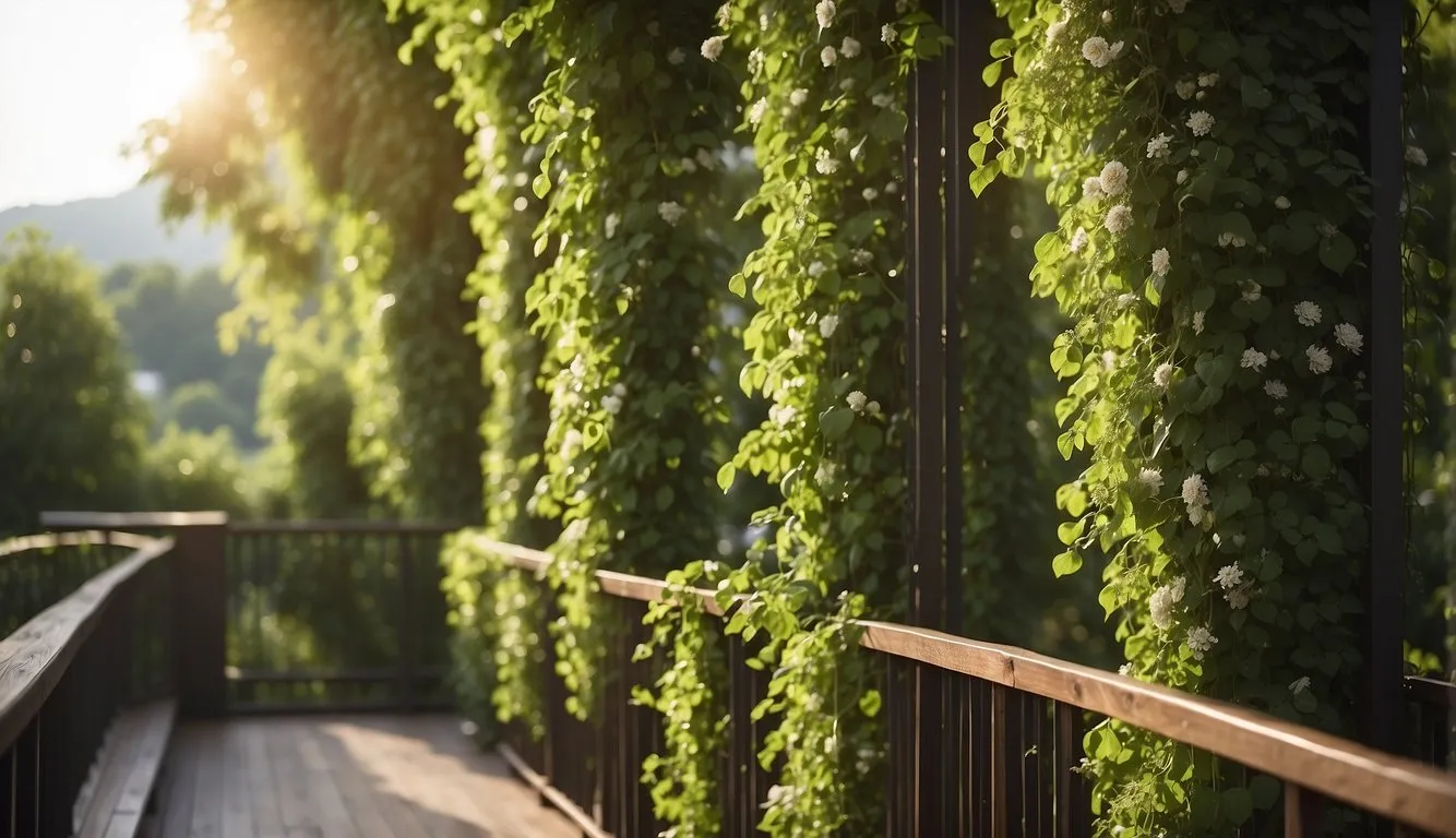 Lush greenery cascades over wooden balcony screens, intertwining with vines and flowers. The natural materials create a serene and tranquil atmosphere