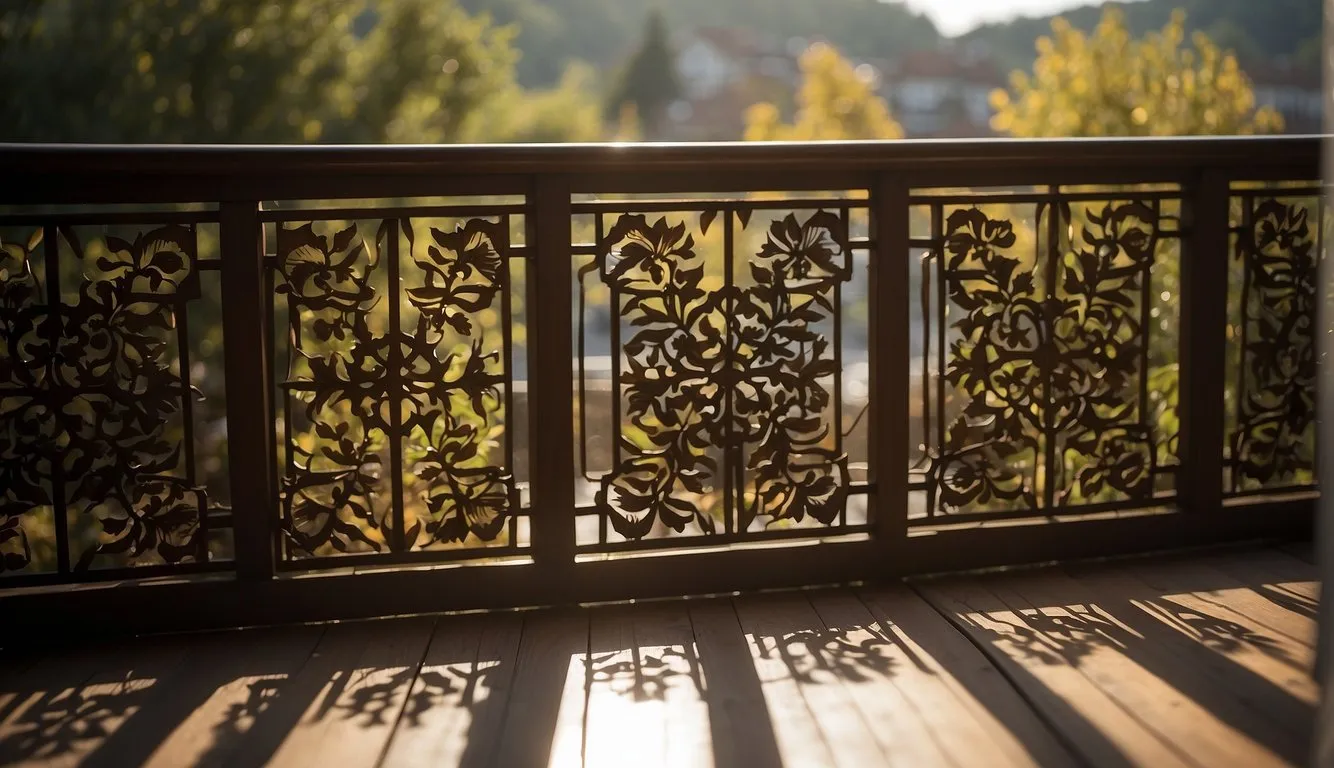 A wooden balcony screen with intricate natural patterns, casting dappled shadows in the soft sunlight