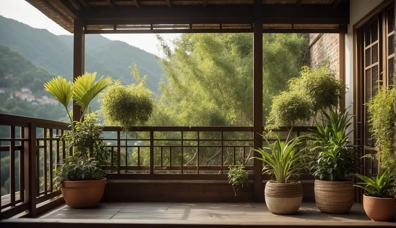 A balcony with wooden screens and potted plants, surrounded by natural materials like bamboo and stone