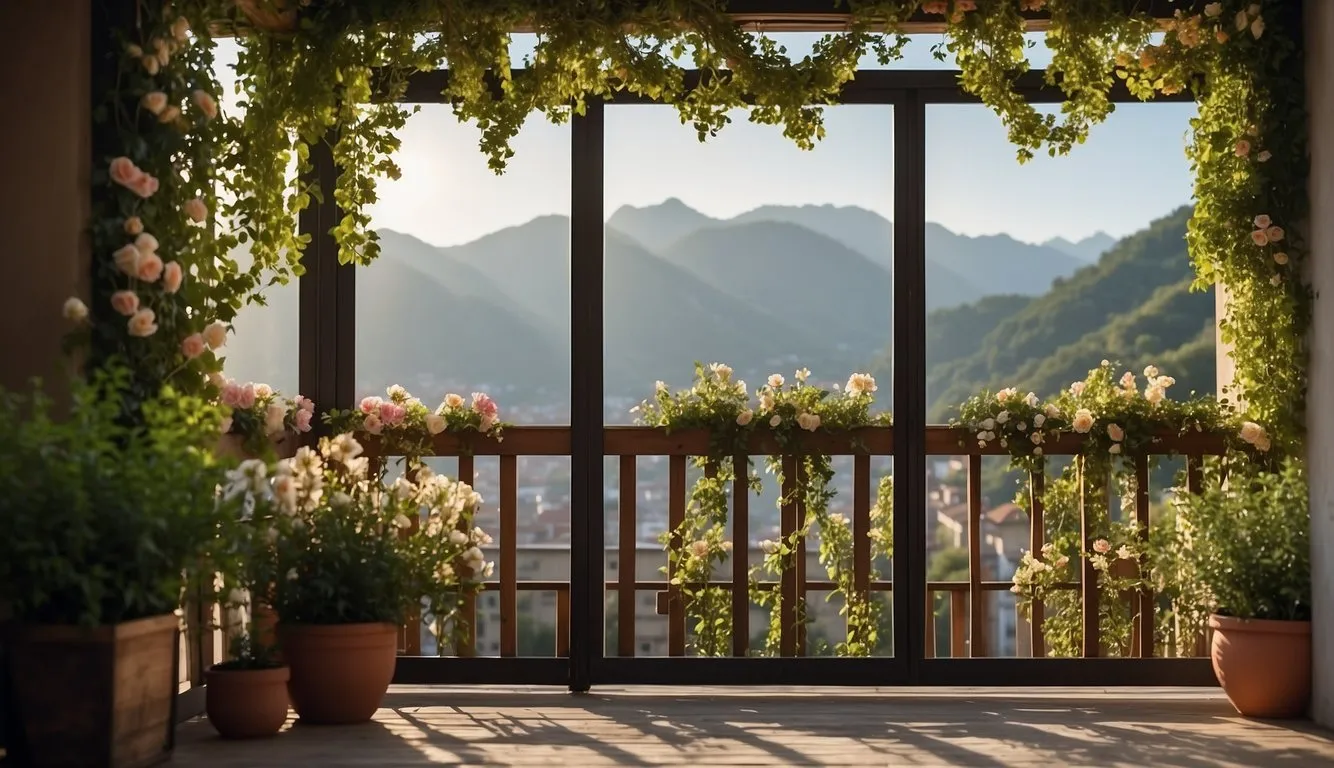 A balcony with wooden screens, adorned with natural materials like vines and flowers, creating a peaceful and serene atmosphere