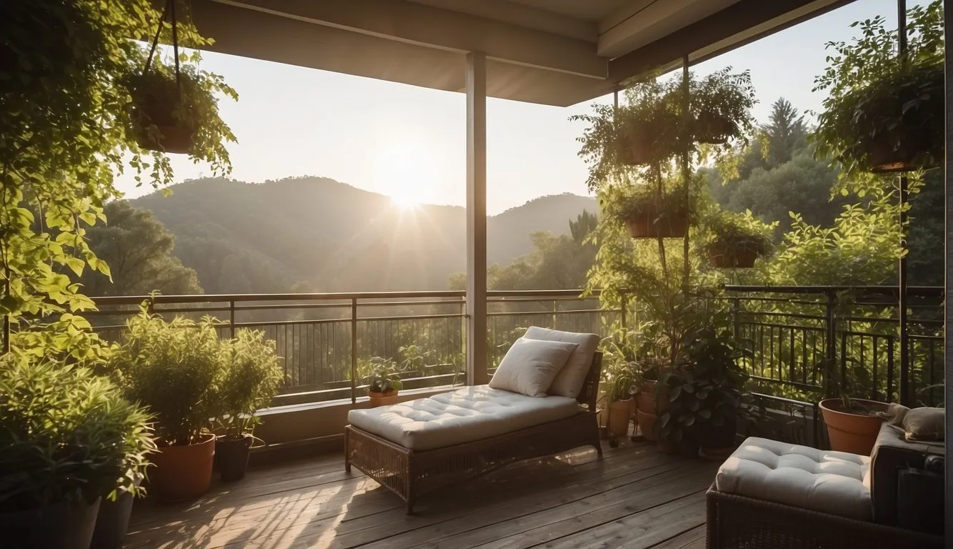 A balcony with natural material screens, surrounded by greenery and sunlight