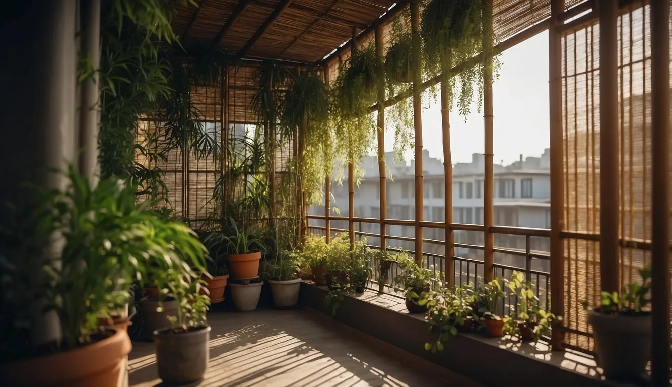 A balcony with bamboo or reed screens for privacy, surrounded by potted plants and hanging vines