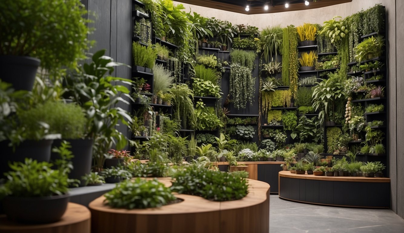 A variety of materials, such as wood, metal, and plastic, are arranged in a vertical garden design. Plants of different colors and textures fill the pockets, creating a vibrant and dynamic display