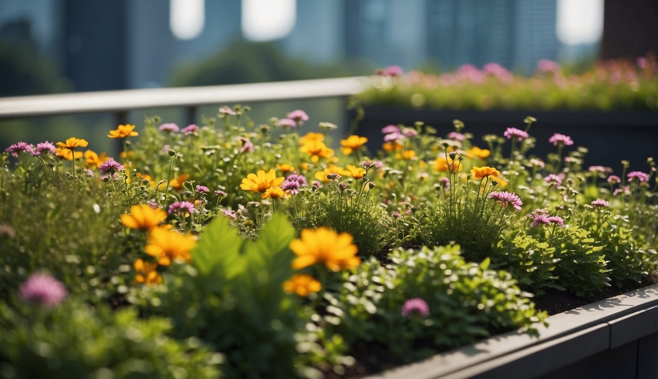 The green roof is a lush oasis atop the building, with vibrant plants and flowers cascading over the edges, creating a visually stunning and inviting environment