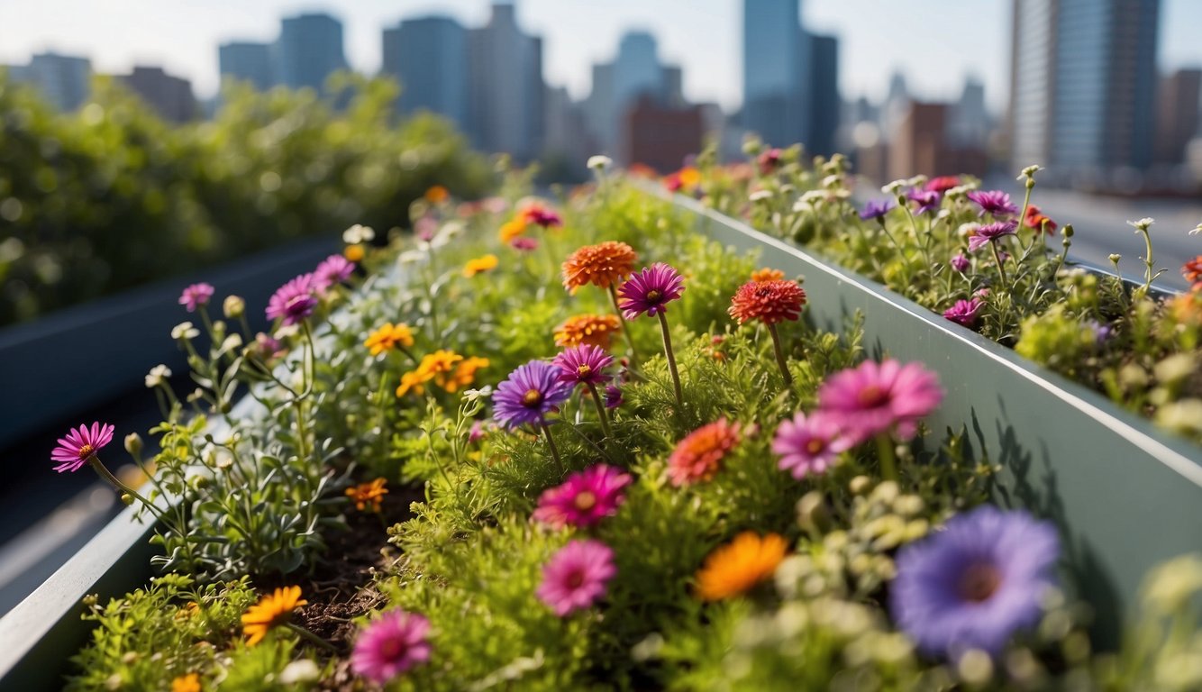 A lush green roof with colorful flowers and thriving vegetation, against a backdrop of urban buildings and blue sky