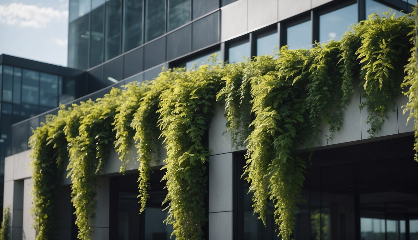 Lush greenery cascades over a modern building, creating a vibrant and natural rooftop oasis