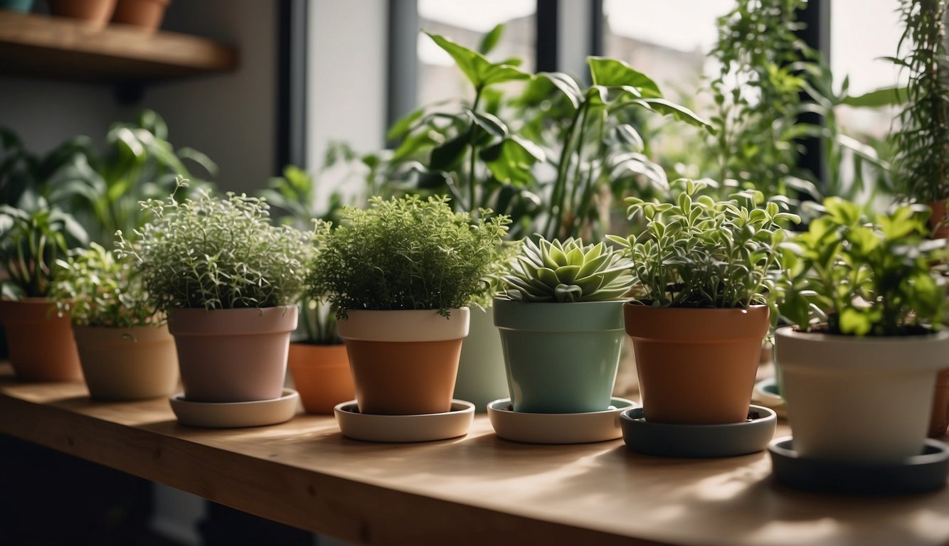 Various potted plants arranged on shelves and tables inside a well-lit room. A variety of greenery, flowers, and herbs create a cozy and inviting indoor garden space