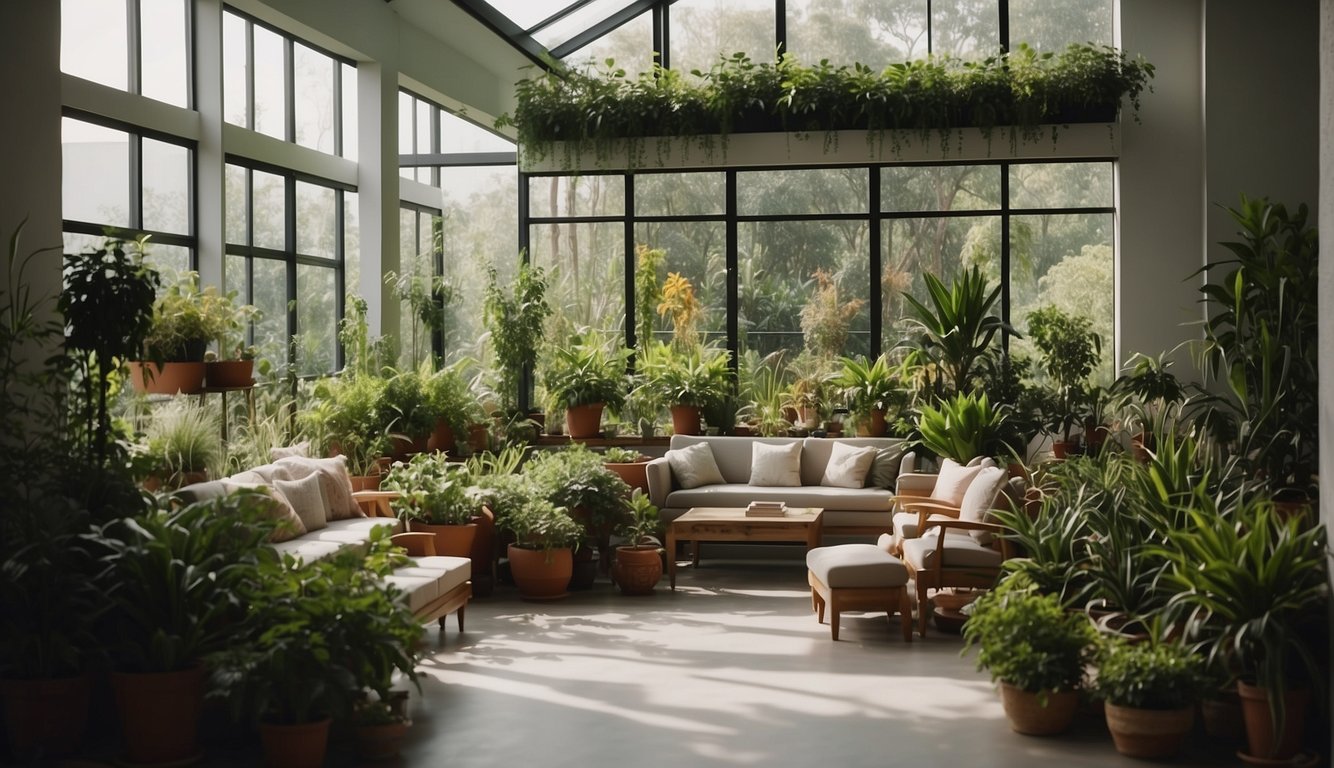 A spacious indoor garden with a variety of plants arranged in an organized and aesthetically pleasing manner. The space is well-lit with natural light and features comfortable seating for relaxation and enjoyment of the greenery