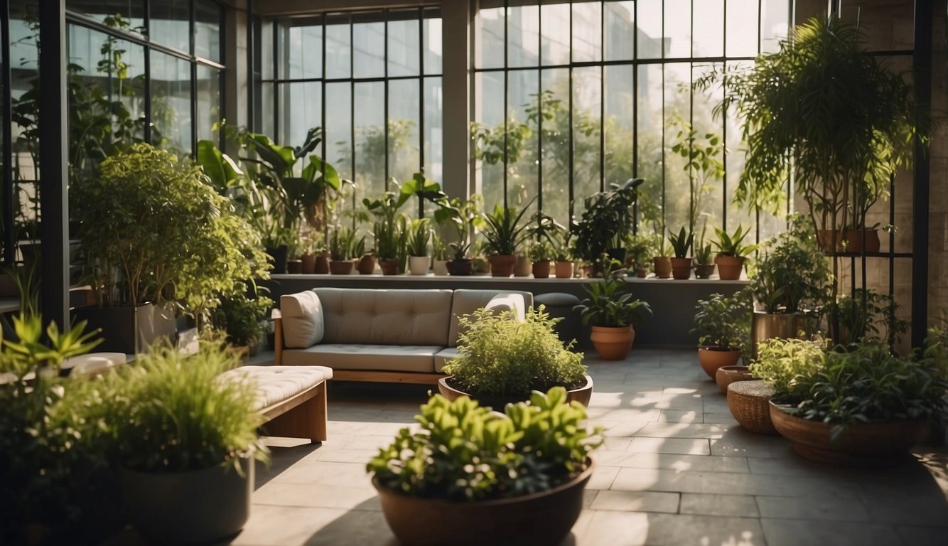 The indoor garden is bathed in warm, natural light. The temperature is comfortable, with strategically placed plants and seating for relaxation
