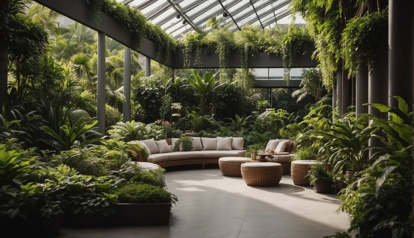 Lush greenery fills a spacious indoor garden, with carefully placed seating areas and winding pathways creating a tranquil and inviting atmosphere