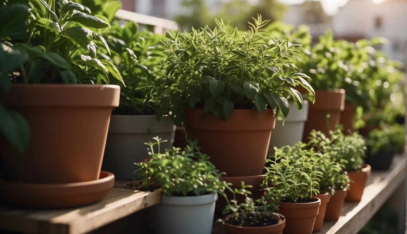 Lush, aromatic herbs fill a small balcony garden. Pots of basil, rosemary, and mint are neatly arranged, soaking up the sun