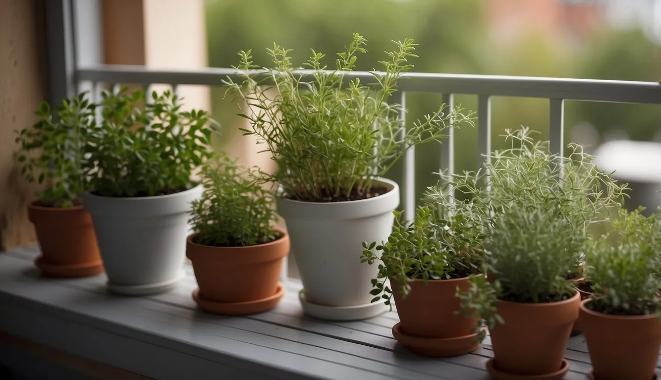 A small balcony with potted herbs arranged neatly in a compact and organized manner, creating a charming and functional herb garden