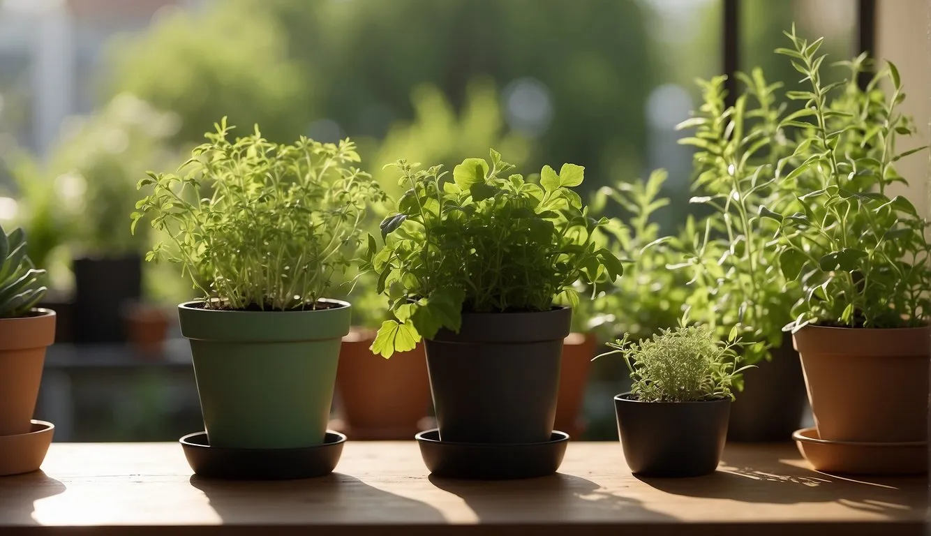 Lush green herbs thrive in small pots on a sunlit balcony, ready for harvesting. A gardener's tools sit nearby, surrounded by vibrant foliage