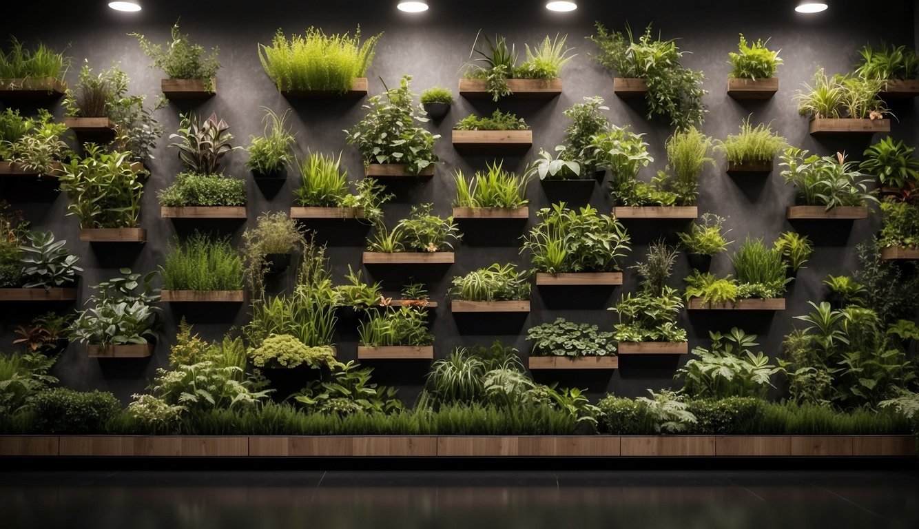 Various materials displayed in a vertical garden. Options include wood, metal, plastic, and fabric. Plants are arranged in each section