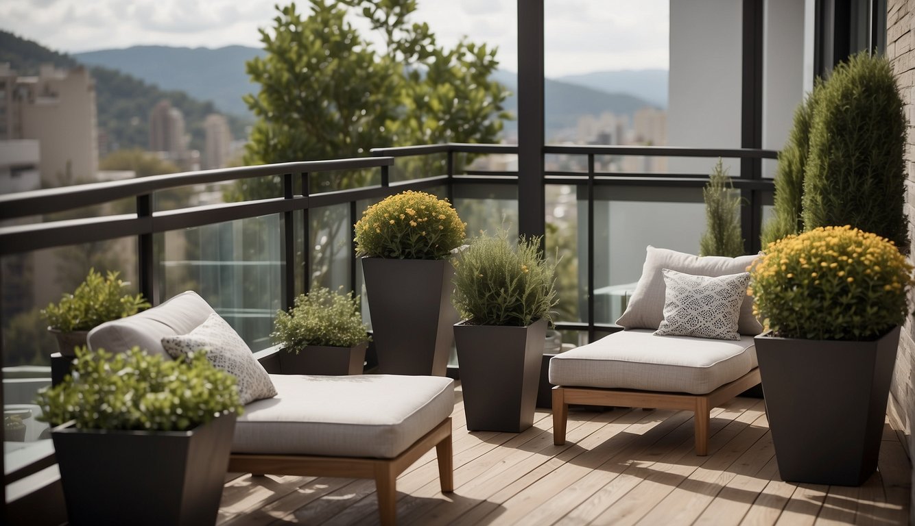 A balcony with modern privacy designs, featuring sleek screens and stylish planters. The space is inviting and functional, with a focus on creating a private and comfortable outdoor retreat
