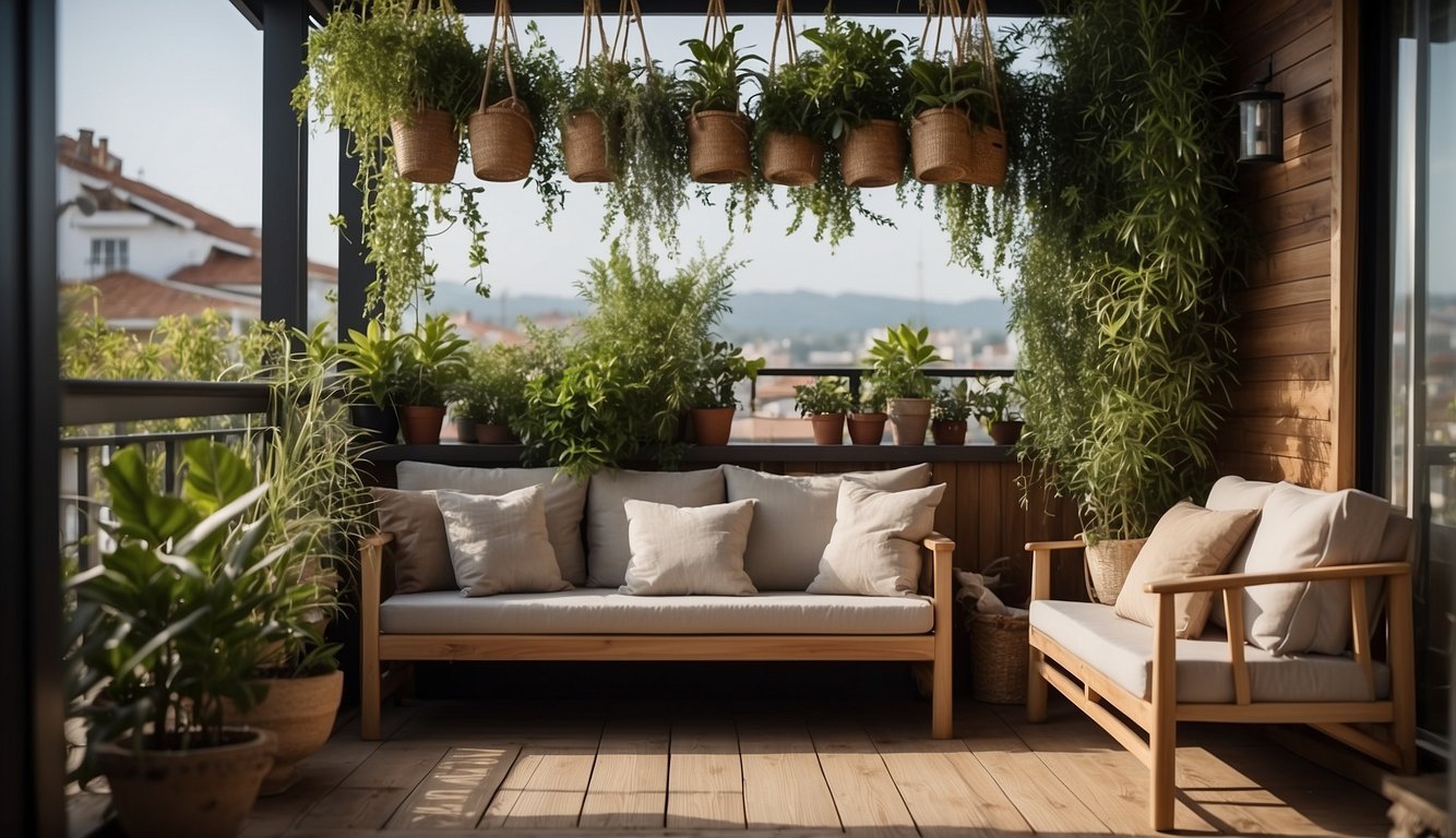 A cozy balcony with hanging plants, bamboo blinds, and a comfortable seating area, creating a private and tranquil space