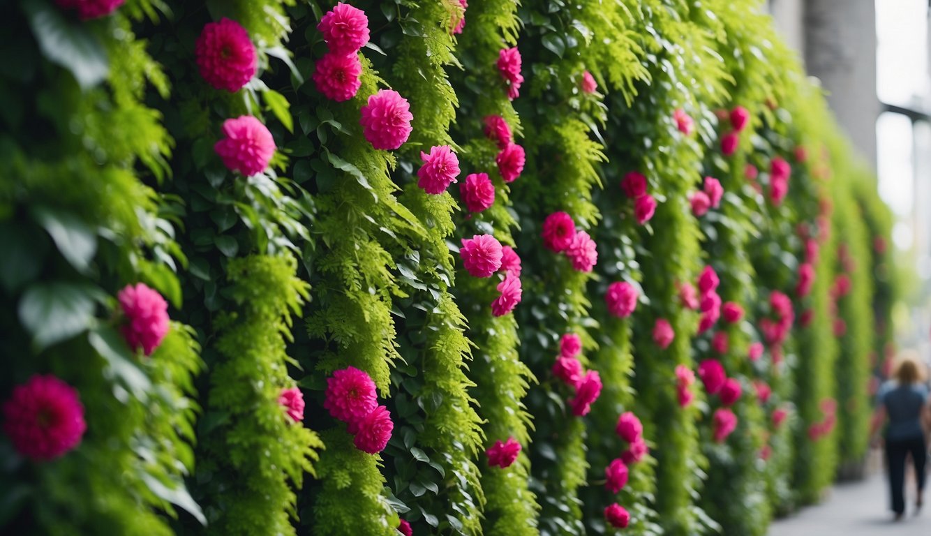 Lush greenery cascades down the vertical walls, interwoven with vibrant flowers and trailing vines. The design is meticulously planned, creating a stunning display of natural beauty